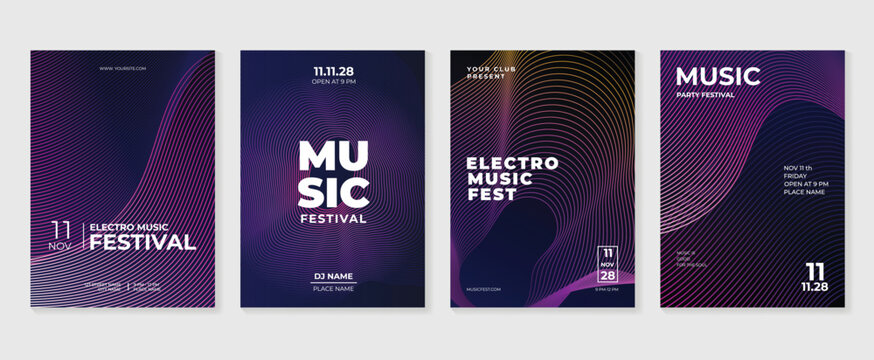 Music poster design background vector set. Electro Sound Cover template with vibrant abstract gradient line wave. Ideal design for social media, flyer, party, music festival, club.
