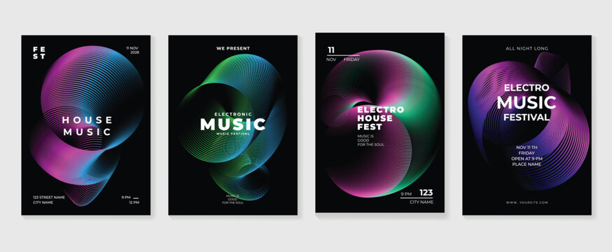 Music poster design background vector set. Electro Sound Cover template with vibrant abstract gradient line wave. Ideal design for social media, flyer, party, music festival, club.