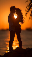 Fototapeta premium Silhouette of a couple in a close embrace at sunset by the sea, framed by palm trees, radiating warmth, romance, and tranquility. Perfect for romantic getaways, beach weddings, and love