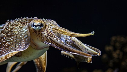 Obraz premium The Predatory Feast: Cuttlefish Devouring Fish in Black Isolation (AR 7:4)