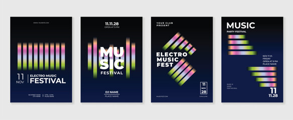 Music poster design background vector set. Electro Sound Cover template with vibrant abstract gradient geometric wave. Ideal design for social media, flyer, party, music festival, club.