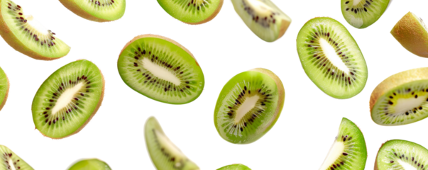 Seamless pattern of fresh kiwi slices isolated on a black background, showcasing vibrant green color and detailed texture of fruit.