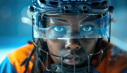 Female Hockey Player in Intense Focus. Close-up of an African American hockey player wearing a helmet and visor. Concept of determination and sportsmanship.