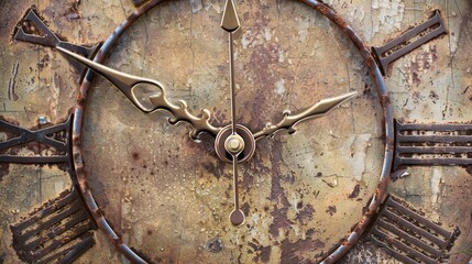 Vintage clock face background with roman numerals and aged metal hands. 
