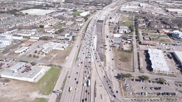 Aerial View of Busy Highway Traffic in South Houston Texas USA, Revealing Drone Shot