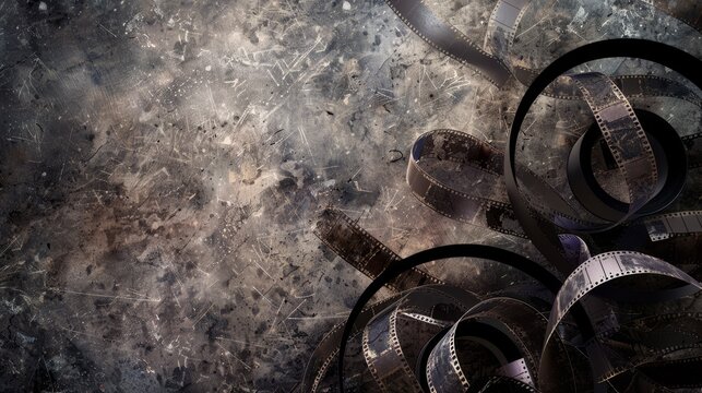 Aged film reel background with coiled film strips and a dusty texture. - Powered by Adobe