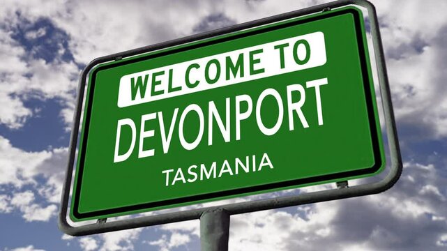 Welcome to Devonport, Tasmania, Australia, City Road Sign, Realistic 3D Animation