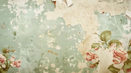 Fototapeta premium Retro wallpaper background with faded floral patterns and peeling corners. 