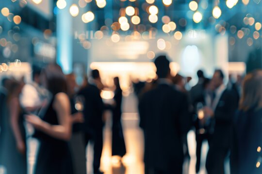 Defocused image capturing corporate event with a blurry people and bokeh lights background. Ai generative