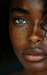 AI generated illustration of Portrait of a young woman with freckled hair gazing at the camera