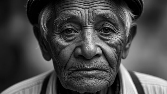 AI generated illustration of an elderly man in a tie and hat gazing at the camera directly