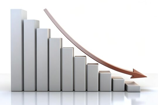 decreasing bar chart with downward arrow point down. Economic recession concept