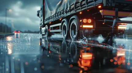 A detailed shot of a truck speeding down a wet highway at twilight, with glistening rain and reflections creating a dramatic, moody scene.