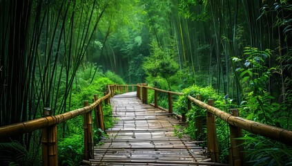 Obraz premium Bamboo fence at the entrance of an ancient forest path, high resolution photography, high quality photo.