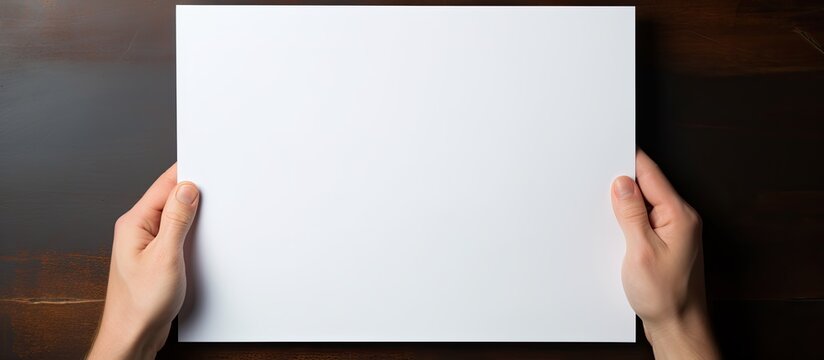 Hands holding paper blank a4 size for letter paper. copy space available