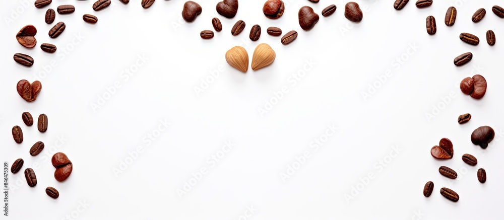 Poster valentine themed hearts frame made with roasted coffee beans and dried tea leaves placed on white ba