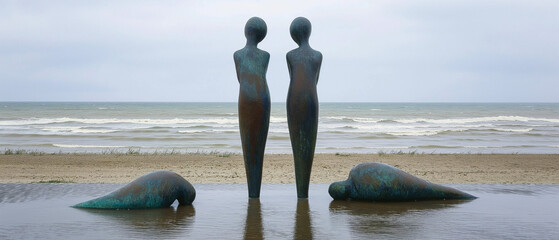 AI generated illustration of three sculptures on a tranquil beach