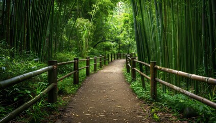 Obraz premium Bamboo fence at the entrance of an ancient forest path, high resolution photography, high quality photo.