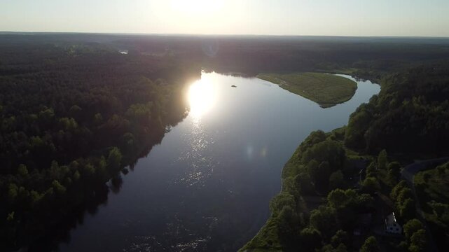 Aerial view of Nemunas and Merkys river confluence at sunset near the town of Merkine