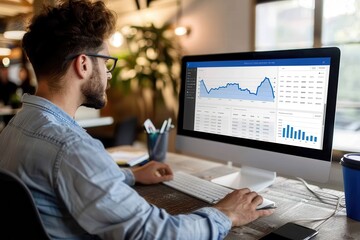 An entrepreneur analyzing stock market trends on a computer screen in a sleek home office.