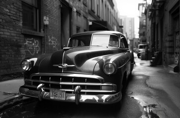 AI generated illustration of a vintage car parked on the street in grayscale