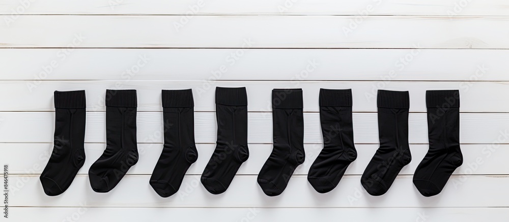 Poster pair blank black small low socks flat lay on white wood board side view mock up for design print pre