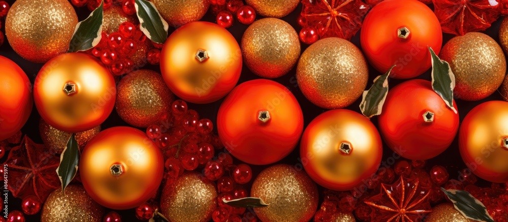 Aufkleber copy space image of gold and red christmas baubles ornaments and tangerines arranged in a flat lay f