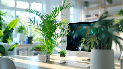 Fototapeta premium A bright, airy workspace filled with green plants surrounding a computer, reflecting a balanced, harmonious, and nature-inspired office environment.