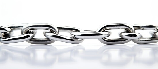 Close up of two chain links on a white background with ample space for a copy space image