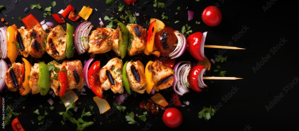 Aufkleber Top down copy space image of grilled chicken skewers vegetables and sauce on a black background perfect for including text