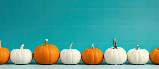 Copy space image of white and orange pumpkins aligned on a vibrant orange and aqua blue backdrop