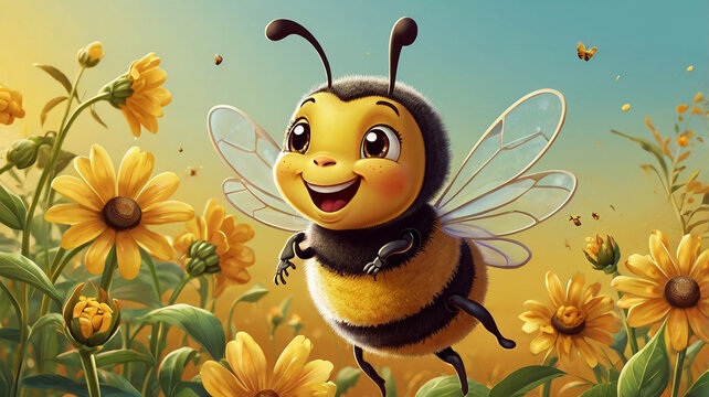 umble Bee, Bombus Hortorum, in flight, free flying over yellow buttercup flowers
