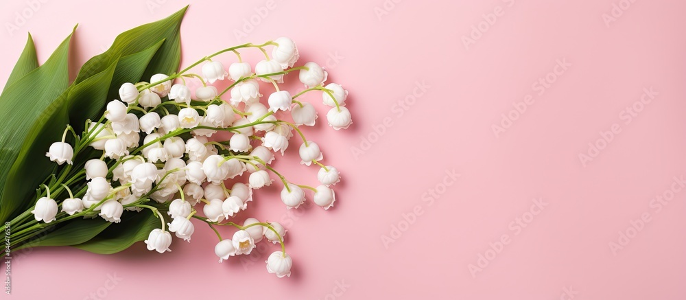 Poster Copy space image of a top view bouquet of lilies of the valley on a pink background creating a floral setting that is perfect for occasions like Mother s Day or Women s Day