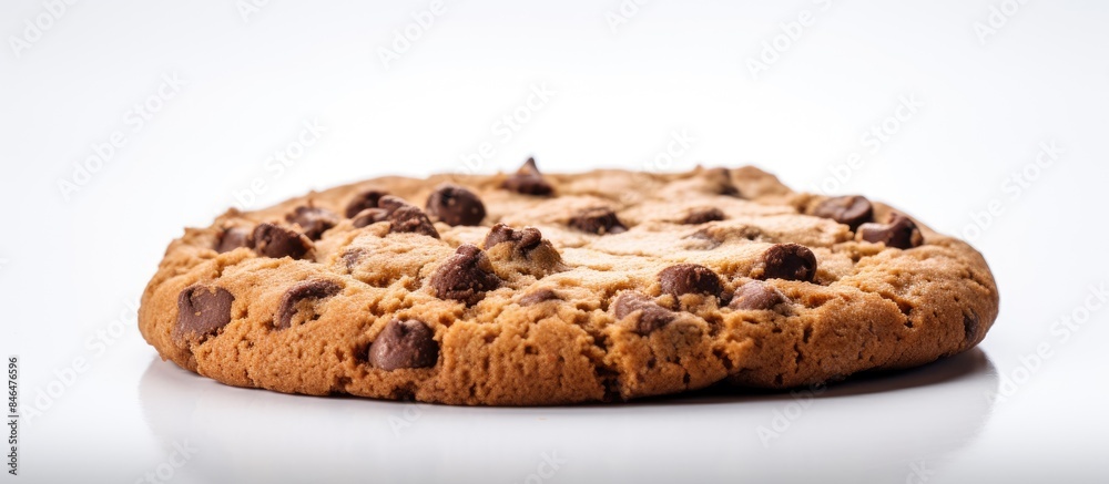 Poster the cookie with its chocolate chips is framed and stands alone on a white backdrop leaving room for 