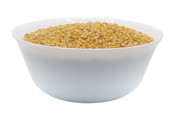 Wheat grains in a white bowl png on a transparent background. Isolated. Side view
