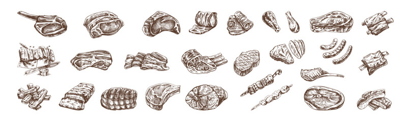 Set of hand-drawn sketches of different types of meat, steaks, chicken, kebabs, bacon, tenderloin, pork, beef, ham, barbecue. Vintage illustration on white background.