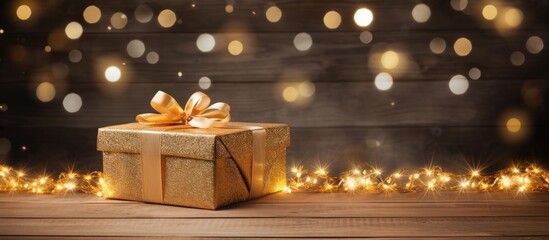 Festive decorations gifts and lights create a Christmas card on a wooden background with space for additional images or text