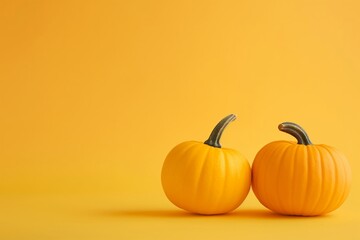Two small pumpkins on a yellow background, ideal for autumn and festive Halloween decorations. Copy space. 