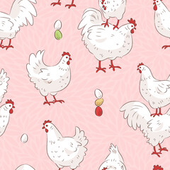 Seamless pattern witn hand drawn cartoon hens and roosters on pink background. Textile, wallpaper, wrap, fabric design template with farm bird. Vector chicken illustration