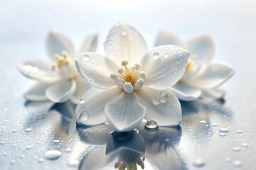 AI generated illustration of a shot of flowers drops on jasmine petals on a white surface