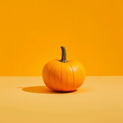 A single orange pumpkin on a vibrant yellow background, perfect for autumn and Halloween-themed projects. Copy space. 
