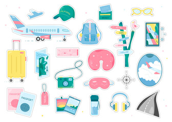 Set of travel elements. Travel stickers. Flat vector style illustration. 