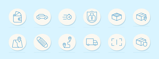 Delivery set icon. Wallet, car, clock, shield, box, location, map, and delivery truck. Logistics, shipping, courier service concept.