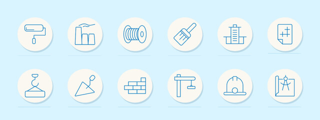 Construction tools set icon. Paint roller, bricks, trowel, crane, hard hat, and blueprint. Building, architecture, renovation concept.