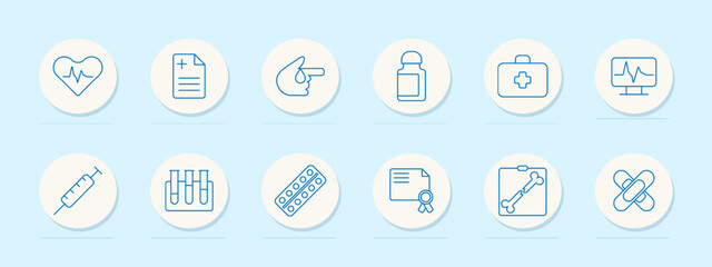 Medical set icon. Heart monitor, prescription, injection, pills, first aid kit, and bone. Healthcare, medicine, treatment concept.
