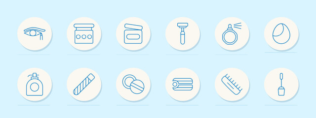 Makeup tools set icon. Eyebrow pencil, compact, perfume, and lipstick. Cosmetic, beauty, personal care concept.