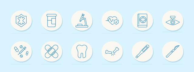 Healthcare set icon. Heartbeat, pills, microscope, tooth, and bandages. Medical, health, treatment concept.