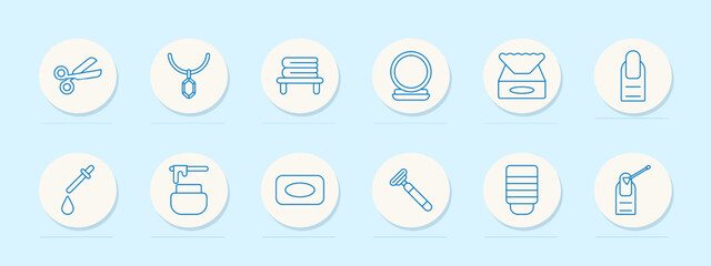 Salon tools set icon. Scissors, mirror, nail polish, razor, and soap. Beauty, grooming, personal care concept.