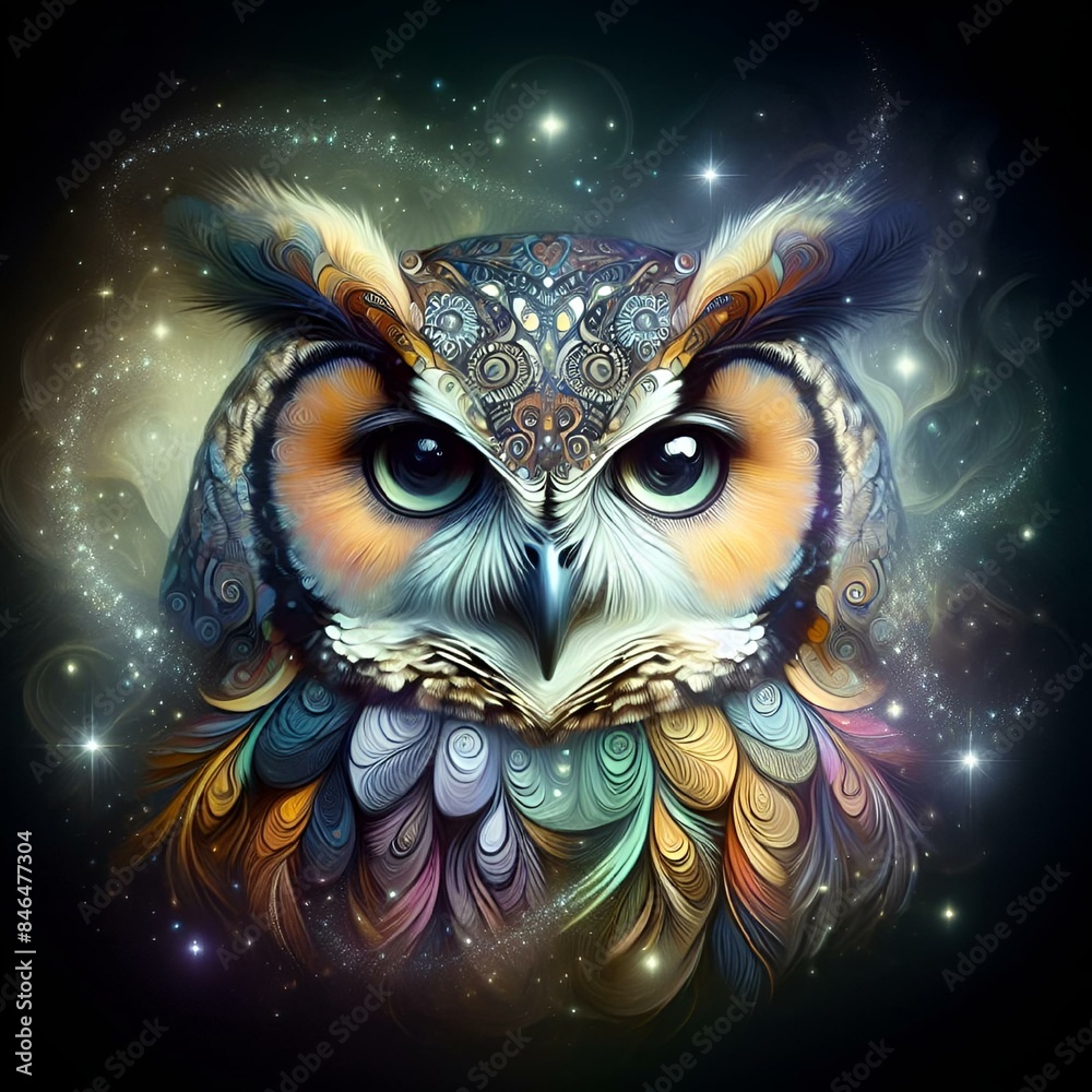 Wall mural AI generated illustration of an owl with vibrant eyes, intricate feathers