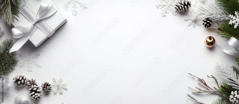 Poster winter festive concept with a gift fir branch and christmas decorations beautifully arranged on a wh